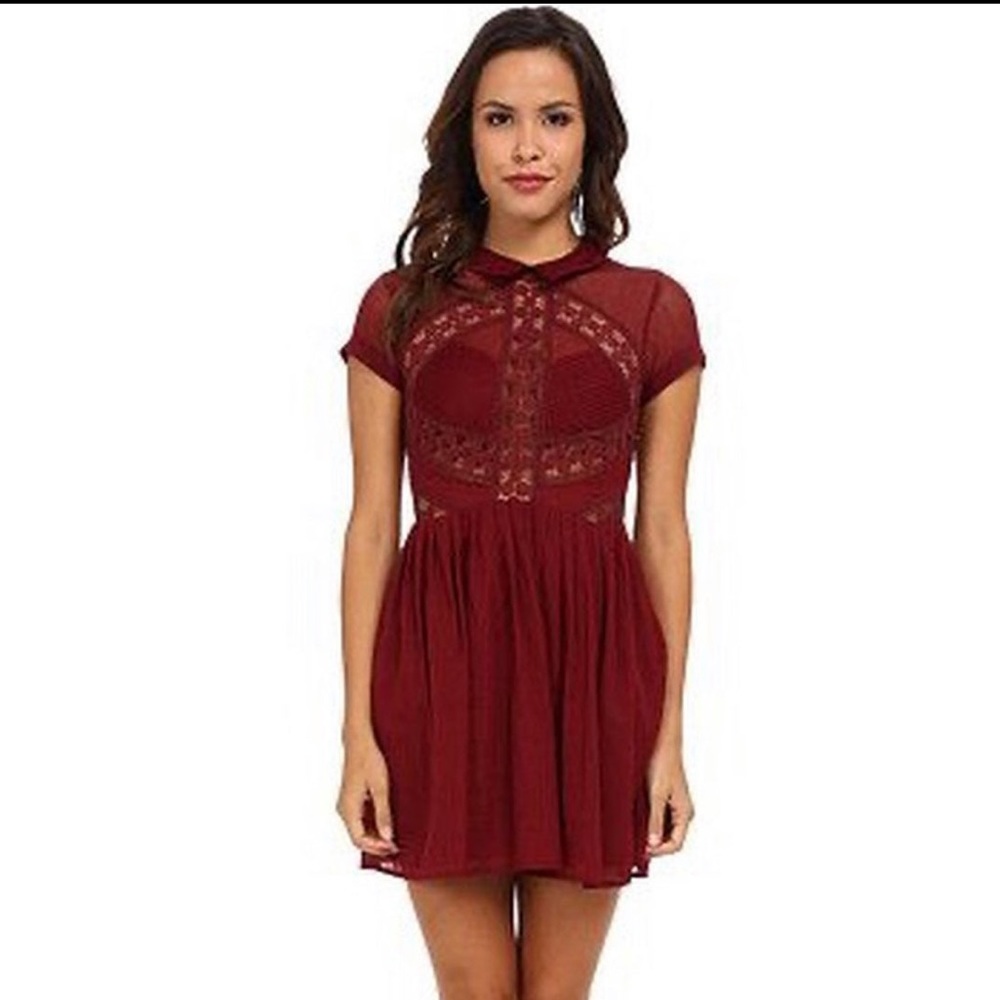 Free People All That Talk Party Dress Coquette Crochet Lace Maroon.